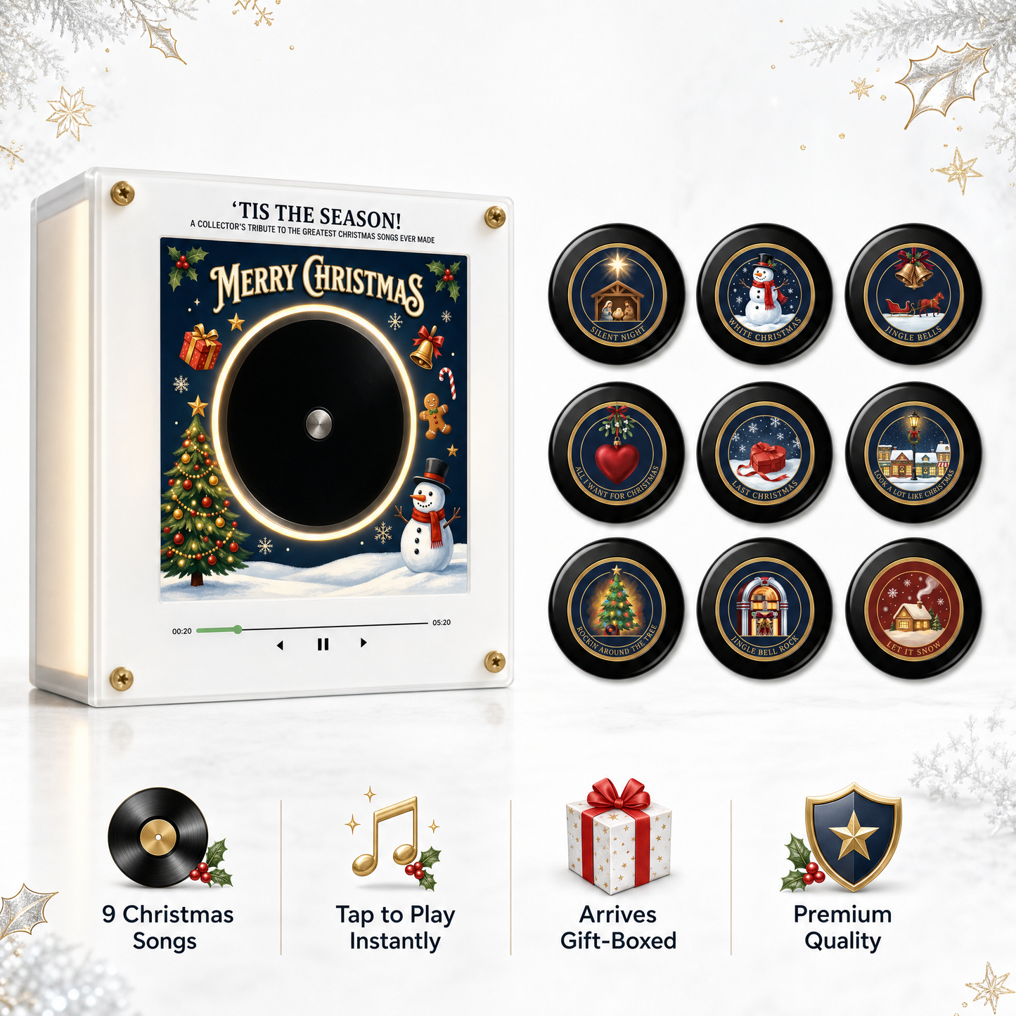 Three JingleBox Christmas vinyl music players with medallion discs