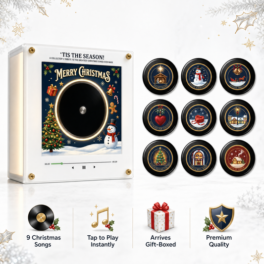 Three JingleBox Christmas vinyl music players with medallion discs