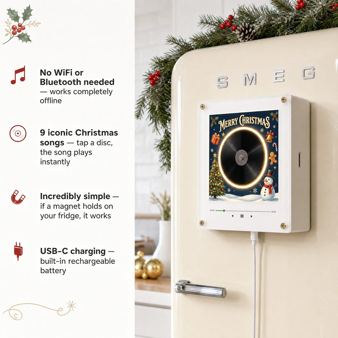JingleBox player mounted on a refrigerator door with a disc playing